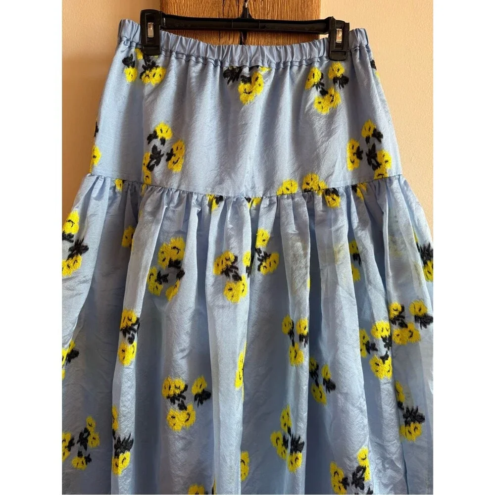 Tanya Taylor Lara Midi Skirt - Yellow/Blue Floral A-Line Sz Large